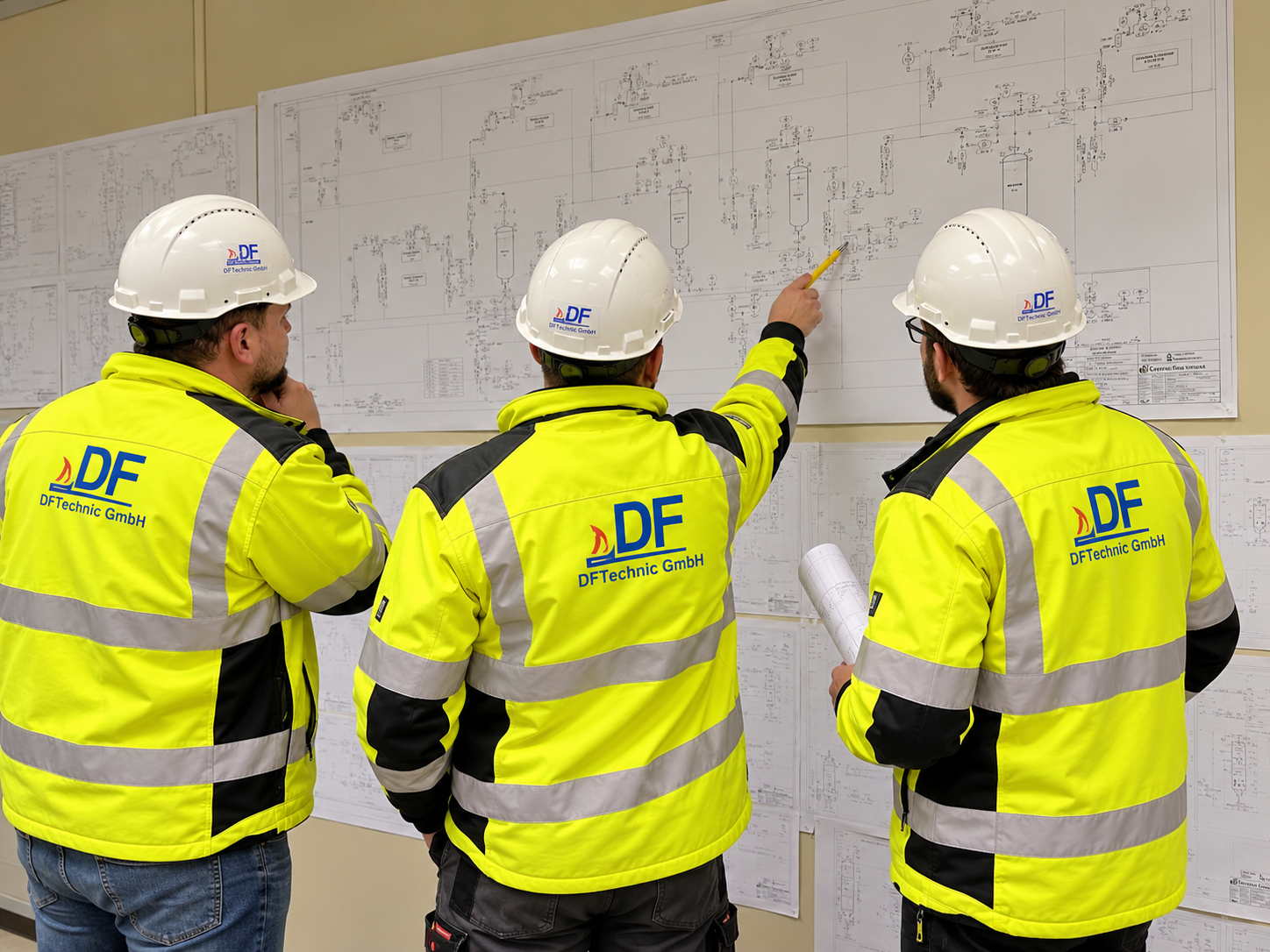 DFTechnic engineers in yellow workwear reviewing technical drawings at a board