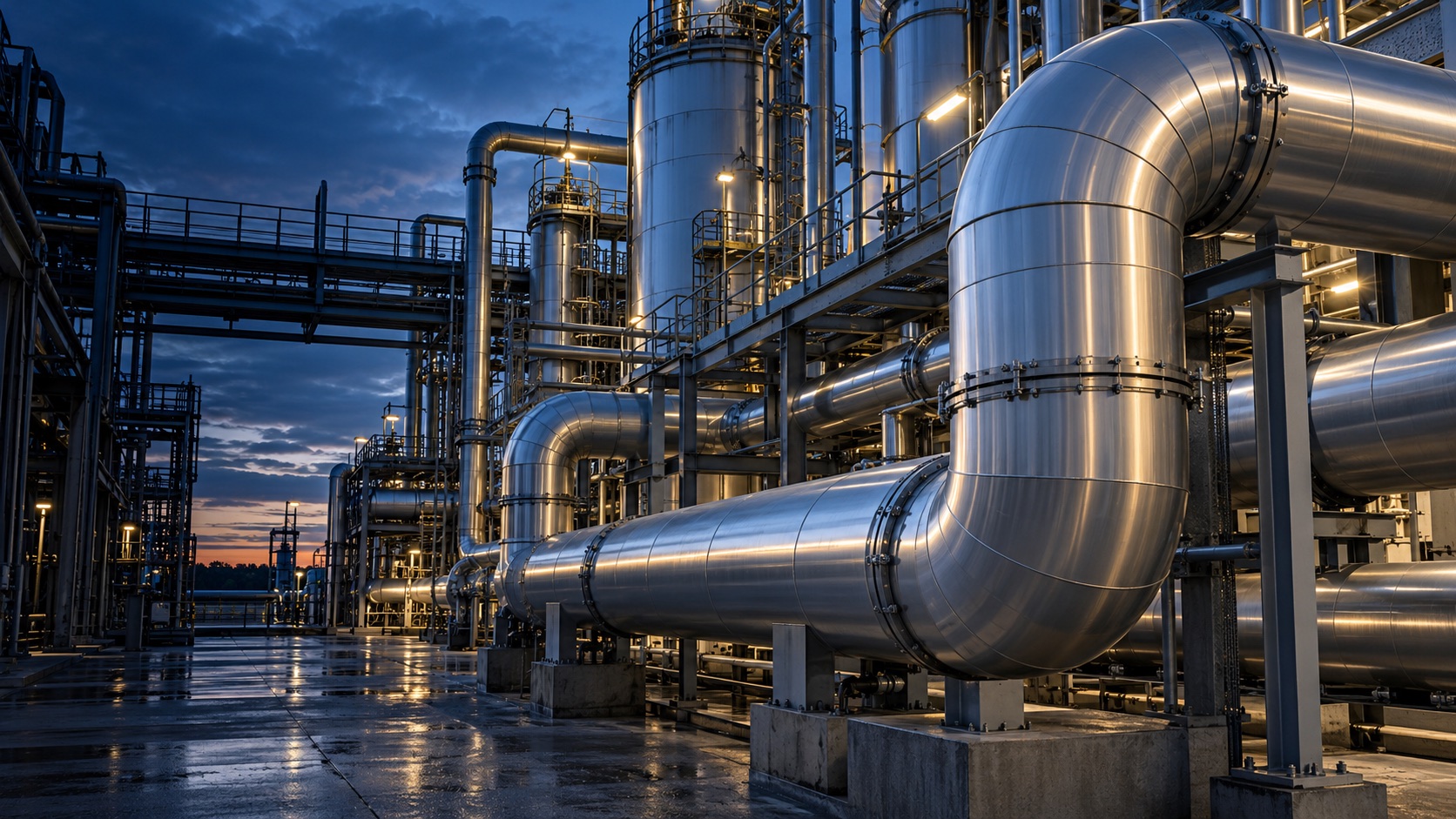 Illustrative industrial installation with insulated steel pipelines